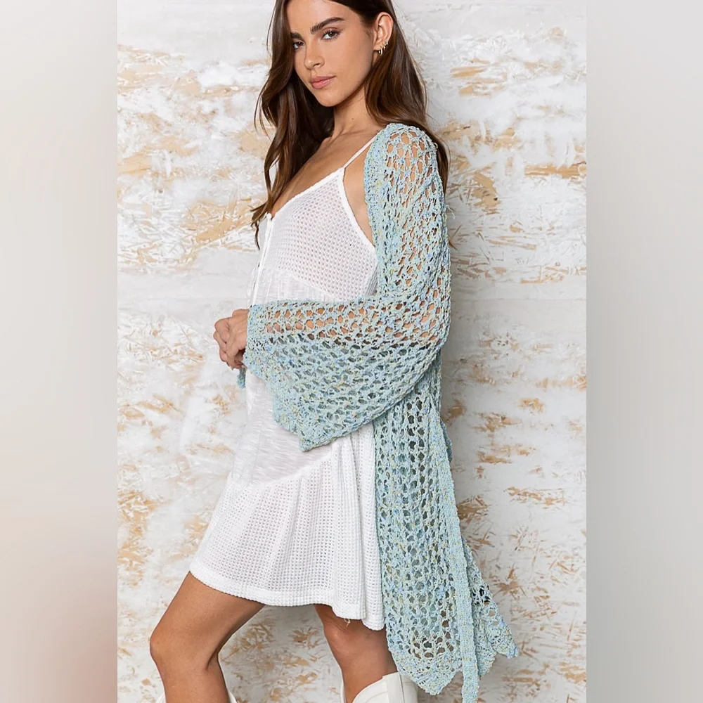 POL Powder Blue Crochet Cardigan | Wrap Tie Waist | Scalloped Hem + Sleeves - Picture 6 of 6